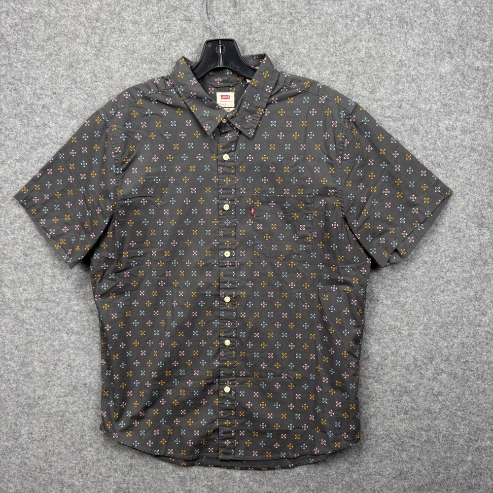 Levis Mens Short Sleeve Button Down Shirt Gray Geometric Diamond Print Large